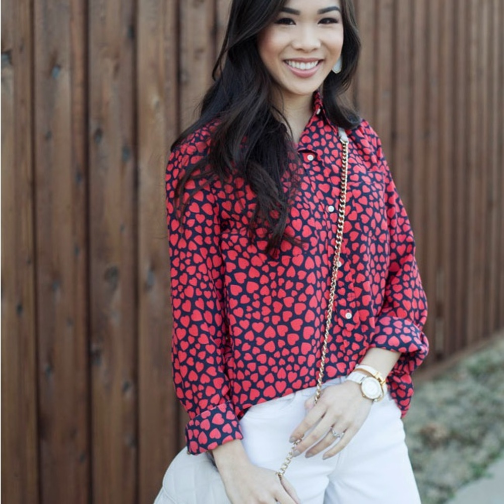 J. Crew Red and Navy Heart Patterned Blouse